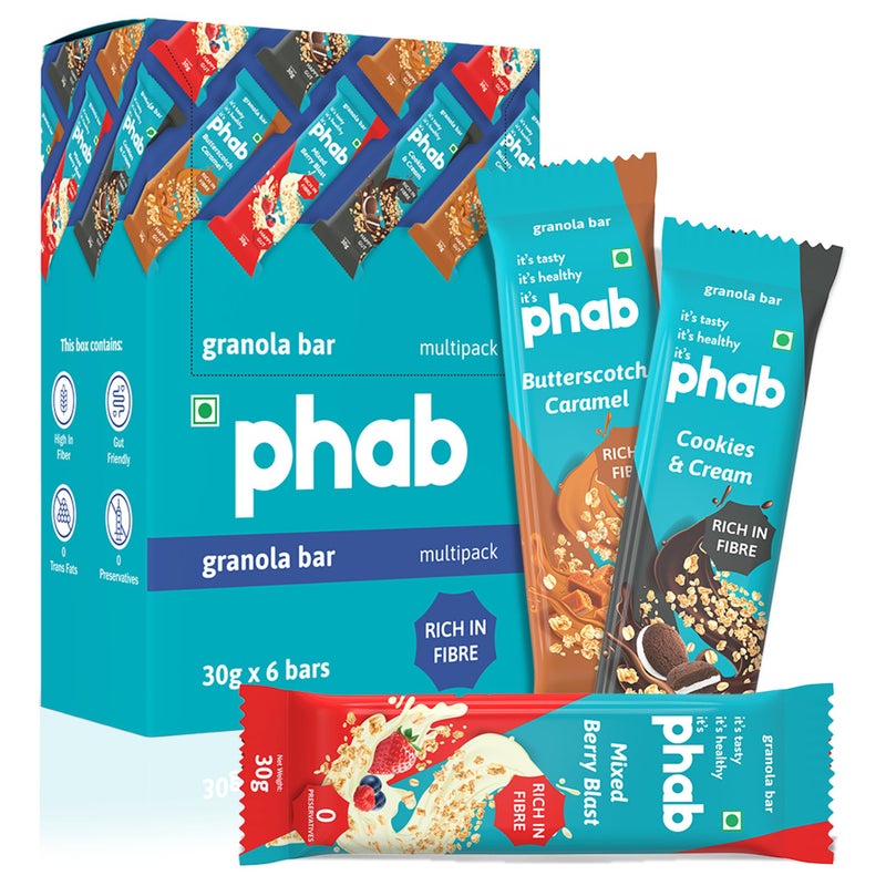 Phab Assorted Granola Snack Bars|Cookies & Cream, Berry, Butterscotch|Healthy Cereal & Breakfast Bar|High Fiber, Gut-Friendly|No Trans Fat|No Preservatives|Source Of Protein|Pack Of 6x 30 Gram) - Image 1