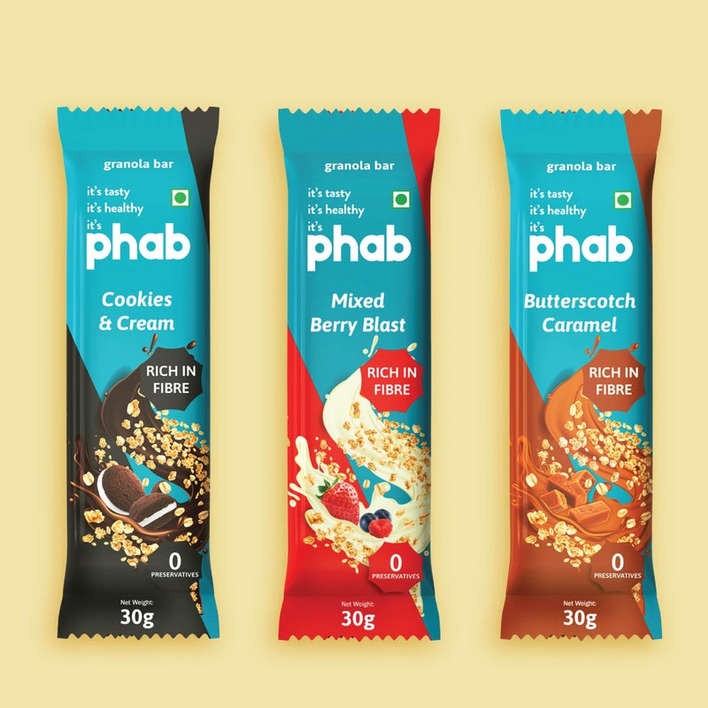 Phab Assorted Granola Snack Bars|Cookies & Cream, Berry, Butterscotch|Healthy Cereal & Breakfast Bar|High Fiber, Gut-Friendly|No Trans Fat|No Preservatives|Source Of Protein|Pack Of 6x 30 Gram) - Image 2