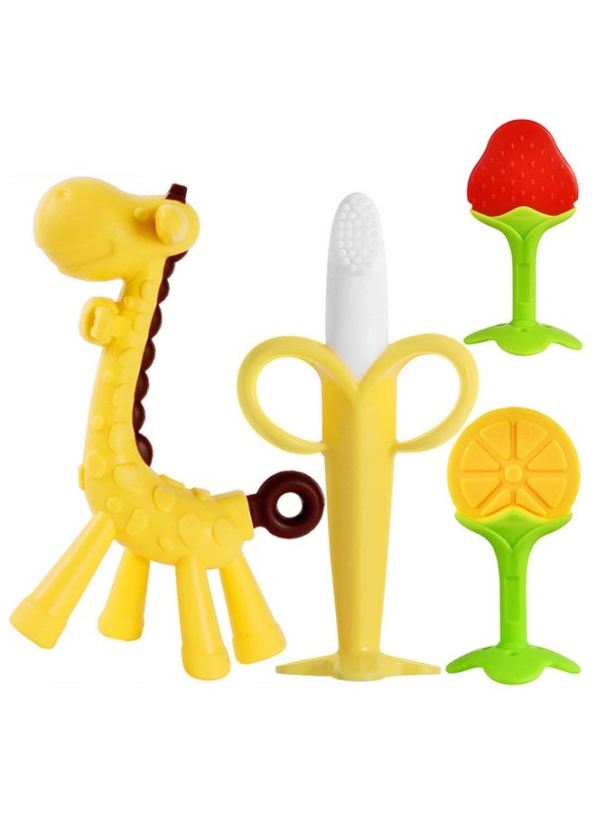 erorex 4 Pack Baby Teething Toys Set BPA Free Silicone Fruit and Giraffe Teethers for Infants and Toddlers Soothing Sore Gums for Boys and Girls - Image 1