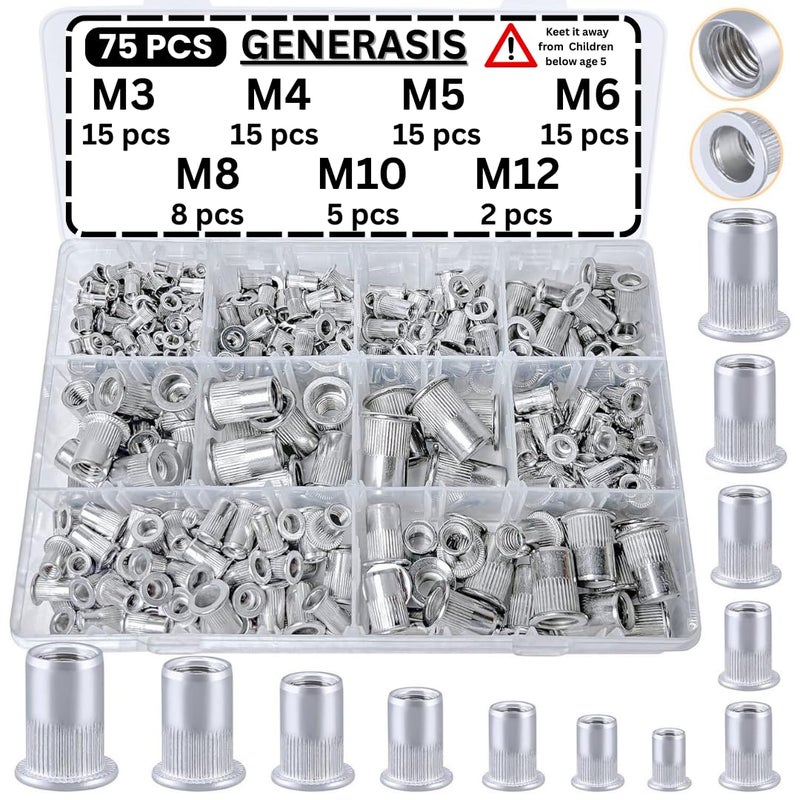 GENERASIS - Metric Rivet Nut Kit - Zinc Plated, Flat Head, Knurled Body, Threaded Insert - 7 Sizes M3, M4, M5, M6, M8, M10, M12 (75 Pieces - 7 sizes Small Kit Rivet nut) - Image 1