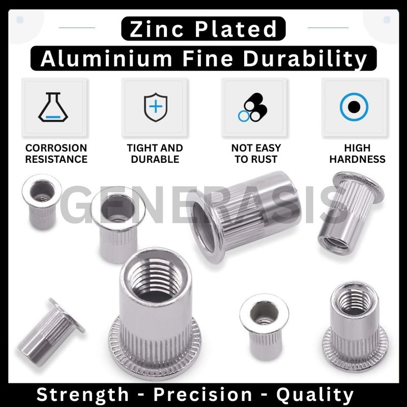 GENERASIS - Metric Rivet Nut Kit - Zinc Plated, Flat Head, Knurled Body, Threaded Insert - 7 Sizes M3, M4, M5, M6, M8, M10, M12 (75 Pieces - 7 sizes Small Kit Rivet nut) - Image 2