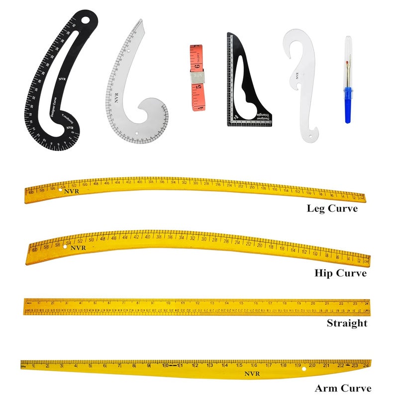 NVR NVR Premium tailroing combo 4 shapes of Scales Arm curve Hip Curve Leg Curve and straight French Curve Arm Hole ArmHole Big Seam ripper Measuring Tape and Tringle 