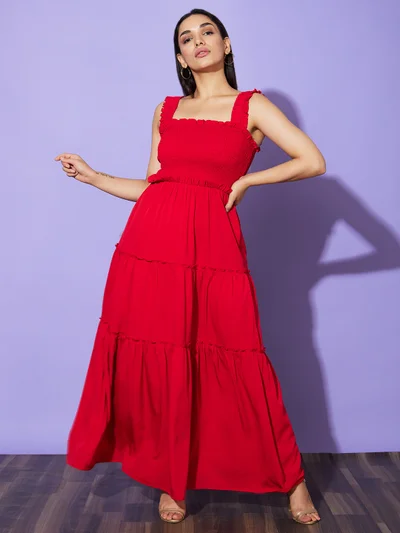 globus Women Smocked Tiered Fit & Flared Maxi Dress