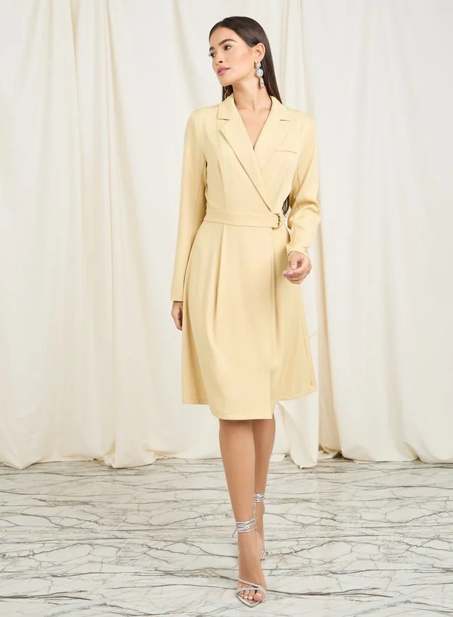 Styli Solid Belted Knee Length Blazer Dress