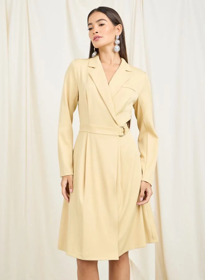 Styli Solid Belted Knee Length Blazer Dress