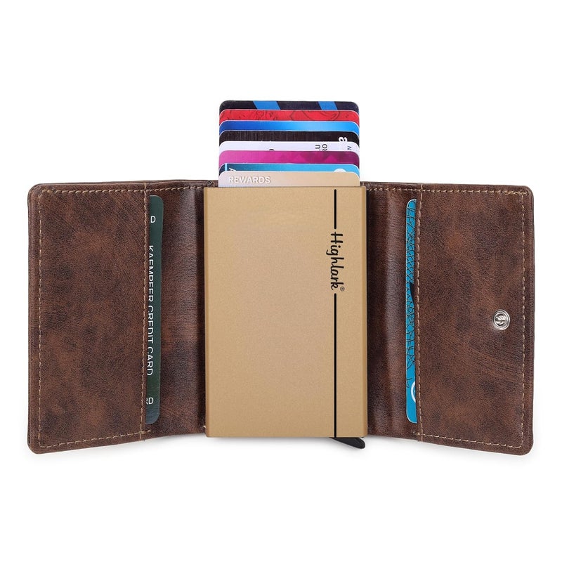 Highlark Exclusive & Upgraded Faux Leather with Aluminium Pop up Card Holder| Aluminium Slim Case | Up to 9 Cards | Card Holder for Men & Women (Brown & Gold Edition) - Image 1