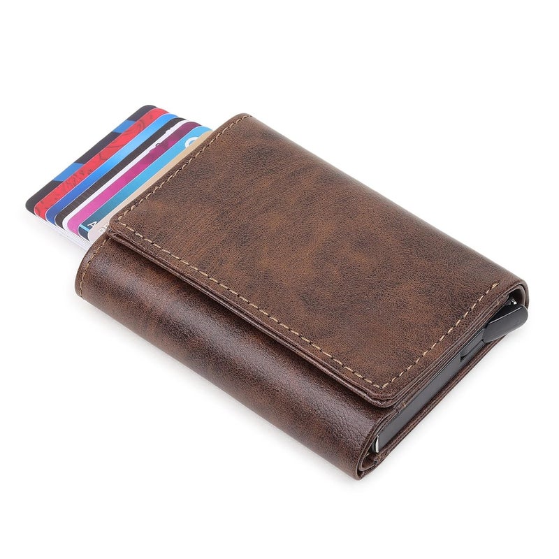 Highlark Exclusive & Upgraded Faux Leather with Aluminium Pop up Card Holder| Aluminium Slim Case | Up to 9 Cards | Card Holder for Men & Women (Brown & Gold Edition) - Image 3