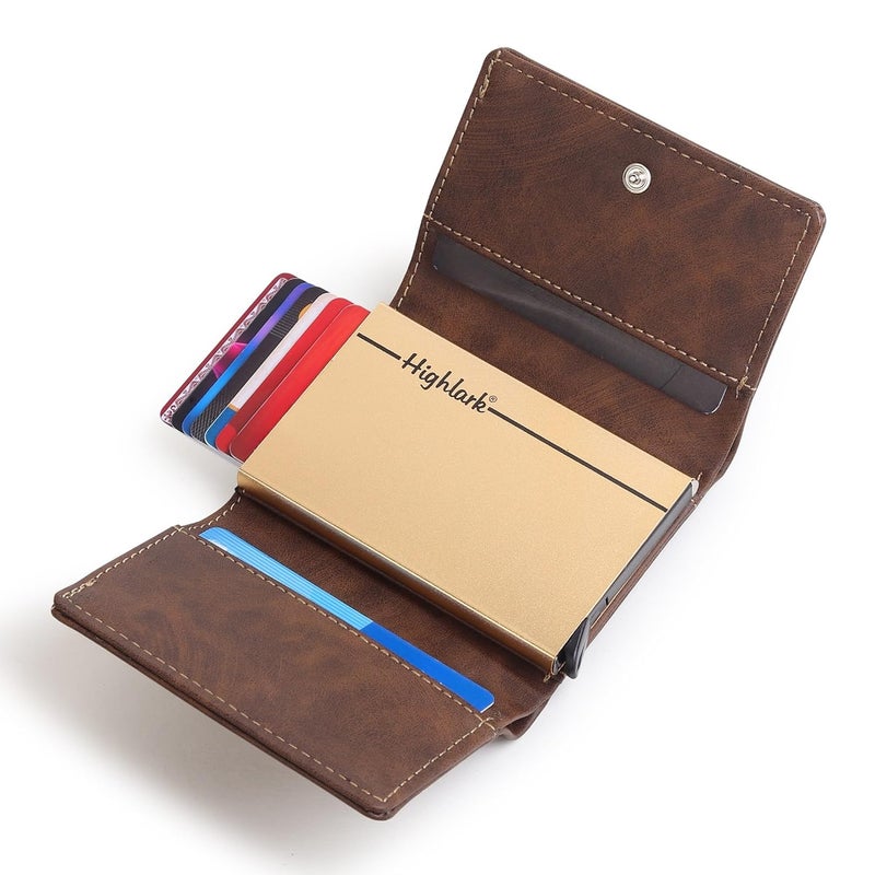 Highlark Exclusive & Upgraded Faux Leather with Aluminium Pop up Card Holder| Aluminium Slim Case | Up to 9 Cards | Card Holder for Men & Women (Brown & Gold Edition) - Image 2