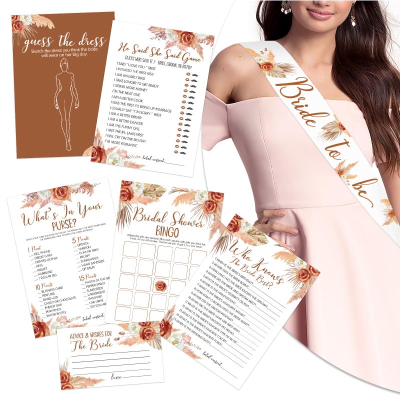 Levfla 300 Pcs Boho Bridal Shower Games Cards Set of 6 50 Guests with Tropical Bohemian Bride to Be Sash 4 PCS Marker Pens Suitable for Pampas Grass Bridal Shower Terracotta Bachelorette Party - Image 2