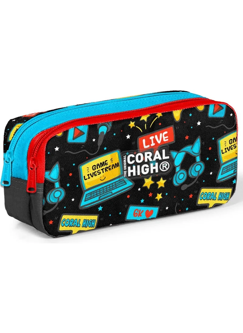 CORAL HIGH Kids Black Blue Gamer Patterned Two Compartment Pencil Bag 12092