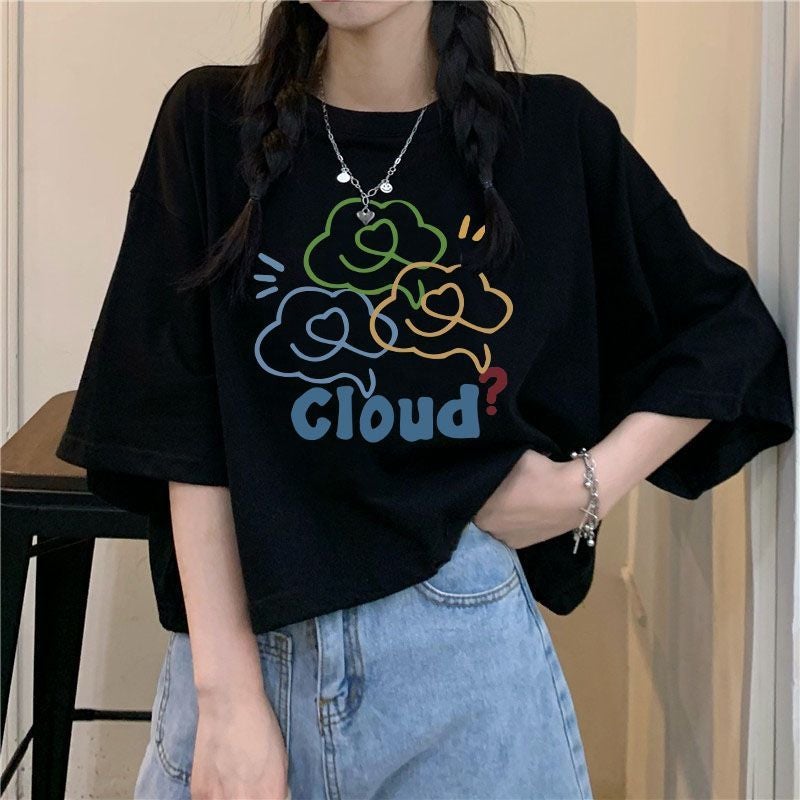 Fat Girl High Waist Short T-Shirt Korean Style Black Cotton Short-Sleeved Top Summer Loose Summer Student Print New Style - Image 1