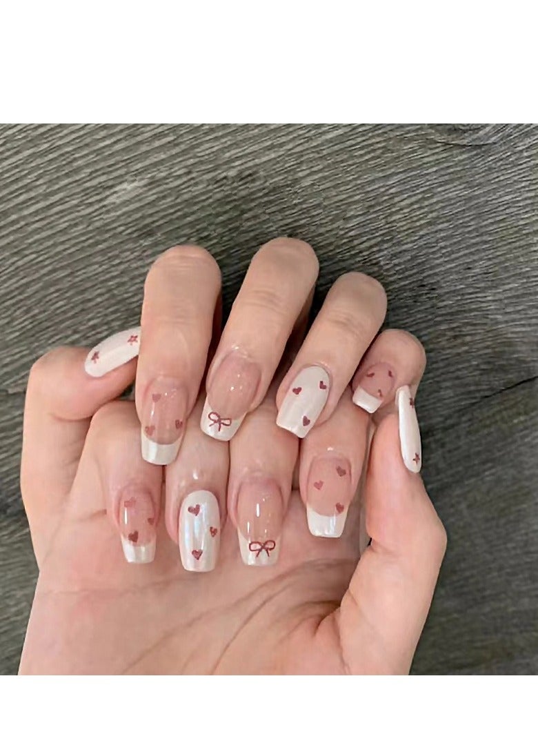 جوسكوين أظافر لاصقة، مجموعة 24 قطعة من فن الأظافر على شكل قلب - ملصقات أظافر فرنسية قابلة للإزالة، أظافر باليرينا قصيرة وأظافر على شكل T لتصميم أنيق وعصري بسهولة، أظافر أكريليك مزيفة مع مجموعة غراء. - Image 1