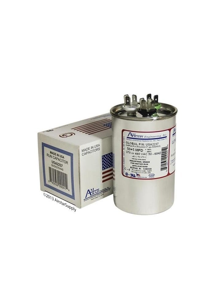 AMRAD 50 + 5 uf / Mfd Round Dual Universal Capacitor - USA2237 for 370 or 440 VAC - Image 1