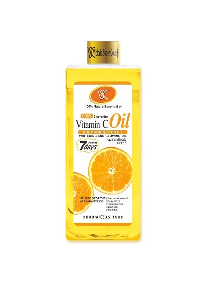 1000ml Vitamin C Oil, Body Corrector Vitamin C Oil, Whitening Glowing Face & Body Oil with SPF15, Reduce Fine Lines Wrinkles Dark Spots, Whitening Oil 100% Pure Essential Oil