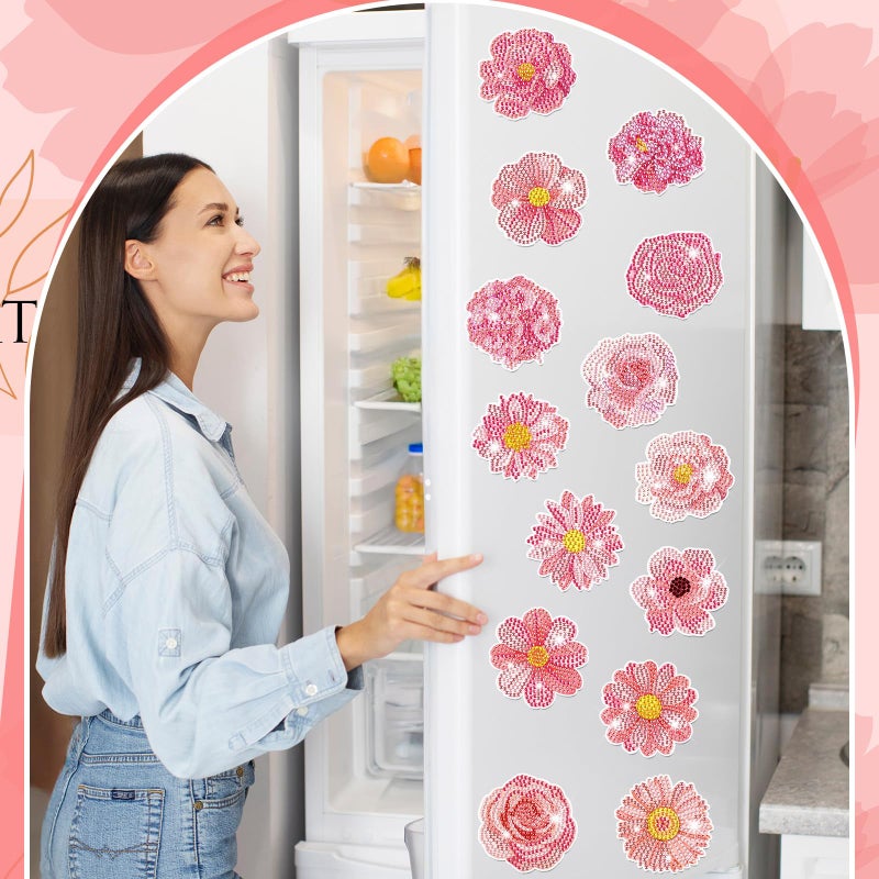Copkim 30 Pcs Diamond Art Magnets Refrigerator Easy Art Kits Fridge Diamond Painting Magnets Stickers for Adults DIY Home Decors Flower Butterfly(Pink Flower) - Image 2