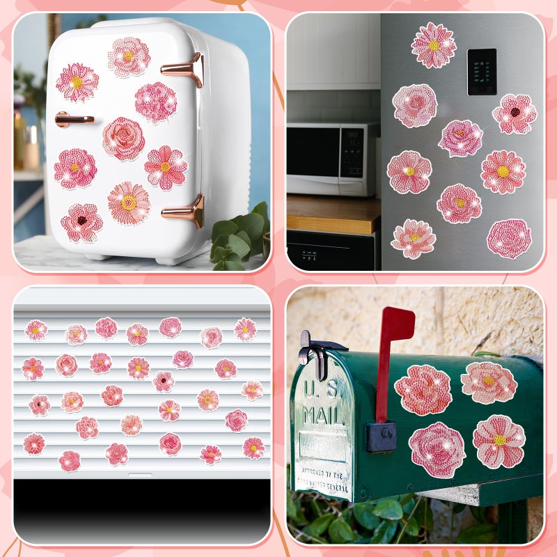 Copkim 30 Pcs Diamond Art Magnets Refrigerator Easy Art Kits Fridge Diamond Painting Magnets Stickers for Adults DIY Home Decors Flower Butterfly(Pink Flower) - Image 5