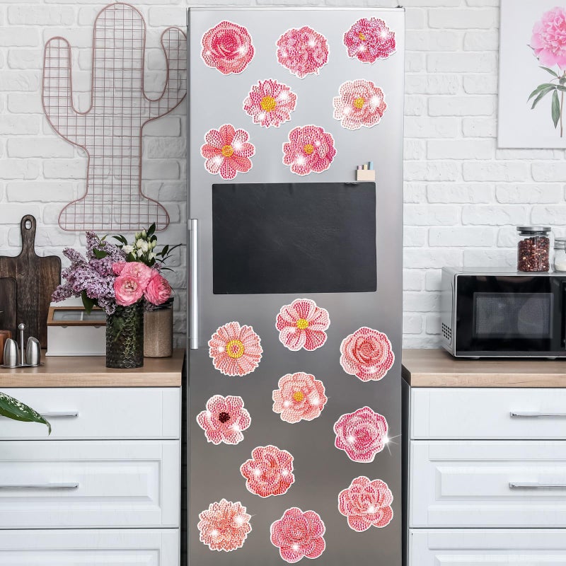 Copkim 30 Pcs Diamond Art Magnets Refrigerator Easy Art Kits Fridge Diamond Painting Magnets Stickers for Adults DIY Home Decors Flower Butterfly(Pink Flower) - Image 3