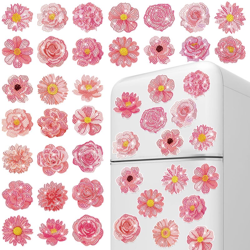 Copkim 30 Pcs Diamond Art Magnets Refrigerator Easy Art Kits Fridge Diamond Painting Magnets Stickers for Adults DIY Home Decors Flower Butterfly(Pink Flower) - Image 1