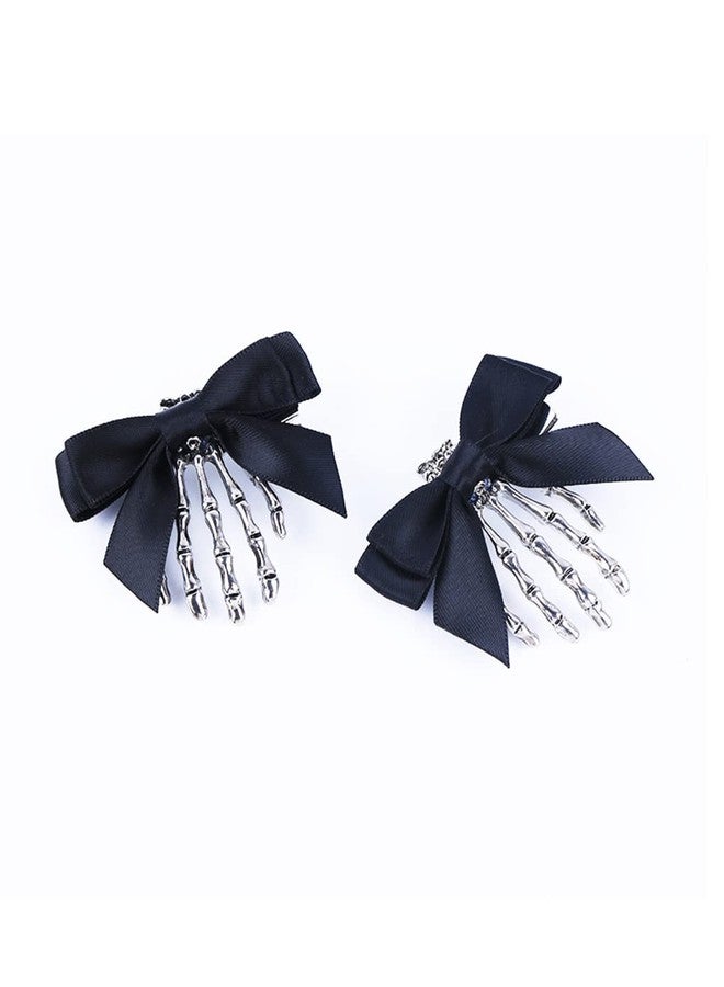 BBTDIN Halloween Rose Skull Claws Clips Halloween Skeleton Hands Bone Rose Flower Hair Claws BHWH01 (Black Bow) - Image 1