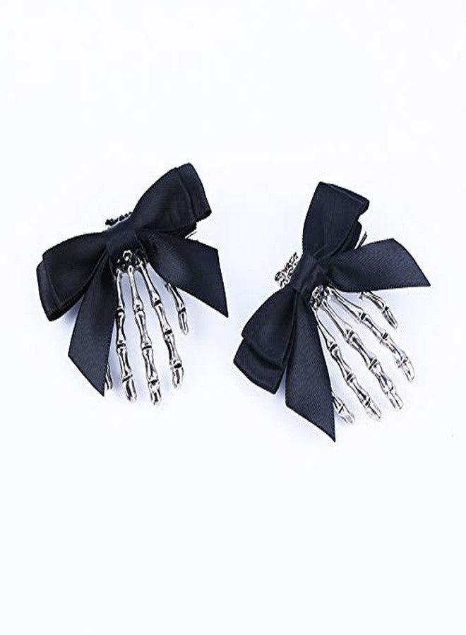 BBTDIN Halloween Rose Skull Claws Clips Halloween Skeleton Hands Bone Rose Flower Hair Claws BHWH01 (Black Bow) - Image 2