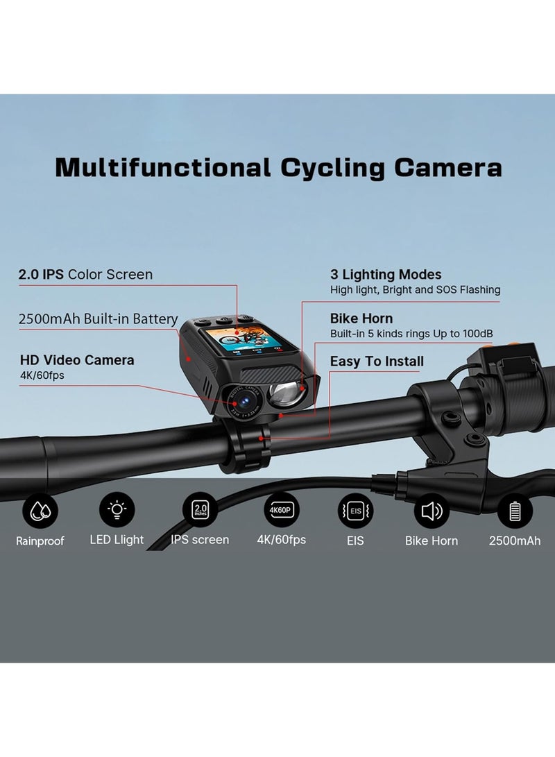 General 4K 60FPS Multifunctional Riding Camera Bike Camera Motorcycle Camera Rainproof 2.0-inch IPS Colour Screen WiFi Connection with LED Flashlight Outdoor Riding Built-in Battery with 64G Memory Card  - Image 5