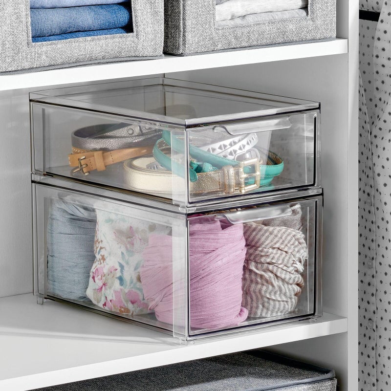 mDesign Plastic Closet Organizer Bin w/Pull Out Drawer - Stackable Storage for Closet - Organization for Shoes, Clothes, Bags, Totes, Small Linens, and More - Lumiere Collection - 2 Pack - Clear - Image 3