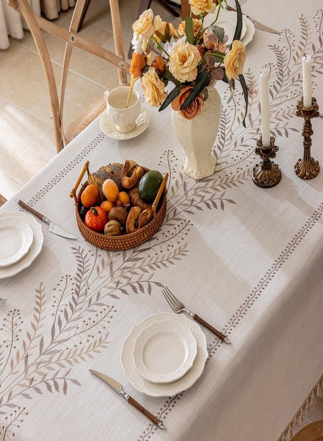 Joyfol Day Rustic Waterproof Linen Tablecloth, Heavy Weight Fern Embroidery Table Cloths for Rectangle Tables, Farmhouse Spill-Proof Table Covers with Tassels, Coffee 55''x 120'' - Image 3