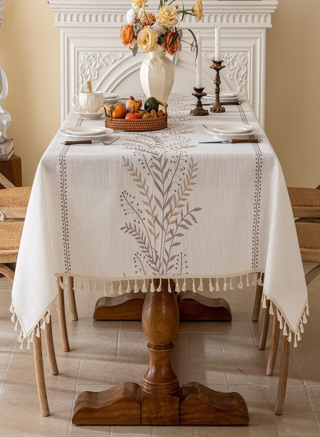 Joyfol Day Rustic Waterproof Linen Tablecloth, Heavy Weight Fern Embroidery Table Cloths for Rectangle Tables, Farmhouse Spill-Proof Table Covers with Tassels, Coffee 55''x 120'' - Image 2