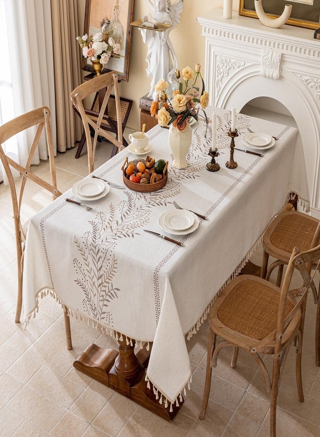 Joyfol Day Rustic Waterproof Linen Tablecloth, Heavy Weight Fern Embroidery Table Cloths for Rectangle Tables, Farmhouse Spill-Proof Table Covers with Tassels, Coffee 55''x 120'' - Image 1