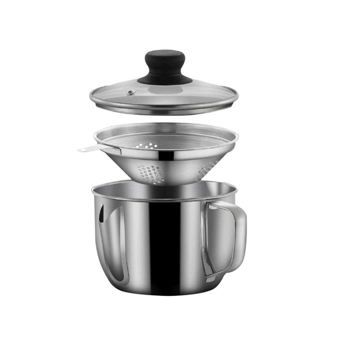 STAINLESS STEEL FAT SEPARATOR 4 CUP1000ML GRAVY GREASE SEPARATOR WITH STRAINER AND GLASS LID SOUP OIL SEPARATOR CUP FOR COOKING OIL SOUP SEPARATOR STRAINER POT FOR KITCHEN SILVER