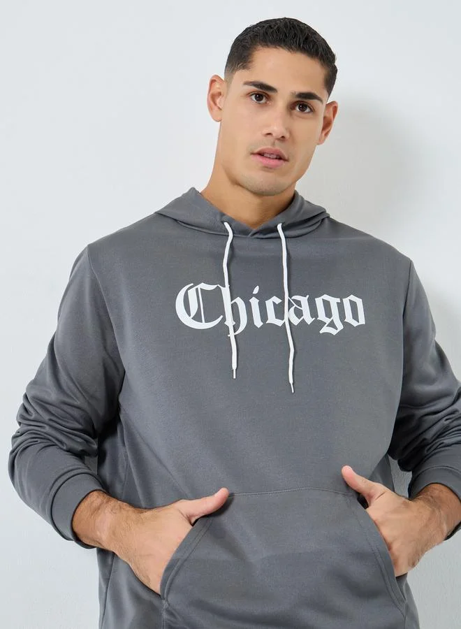 Take Two Grey Take Two Men Grey Chicago Print Hoodie for Men | Best Price UAE