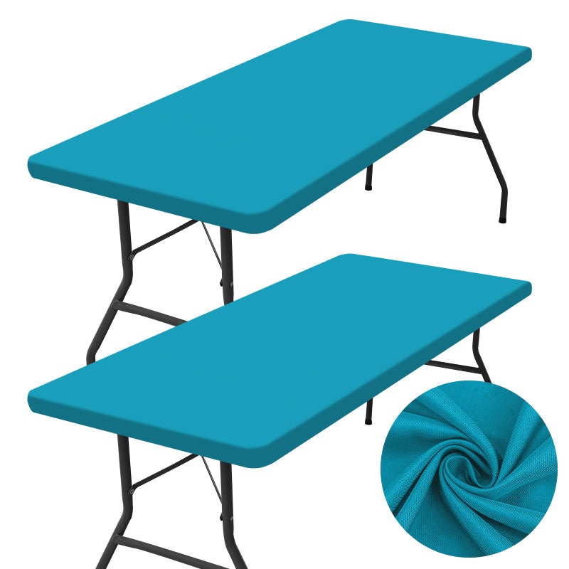 homing 2 Pack Rectangle Table Cloth  Elastic Fitted Fabric Tablecloth Fits for 4 Foot Folding Tables  Washable Table Cover for Picnic  Camping  Indoor & Outdoor (Teal  24 "" x 48 "") - Image 1