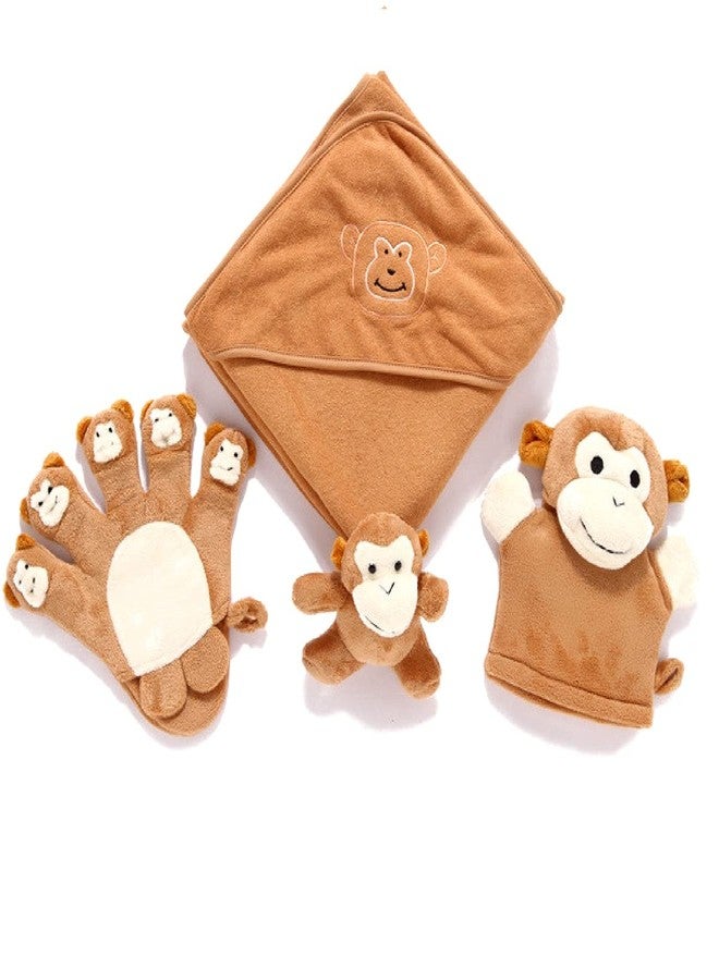 STORE77® Premium Extra Soft Cartoon Animal Shape Hooded Bamboo Baby Bath Towel Set Set of 4 (Beige) - Image 1