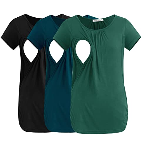 Smallshow Womens Nursing Tops Ruched Short Sleeve Breastfeeding Shirts 3Pack BlackDeep GreenTeal Medium - Image 1