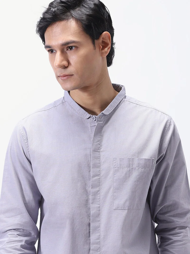 Urbano Fashion  Urbano Fashion Men's Lavender Cotton Full Sleeve Regular Fit Casual Solid Shirt with Band Collar  | Best Price UAE