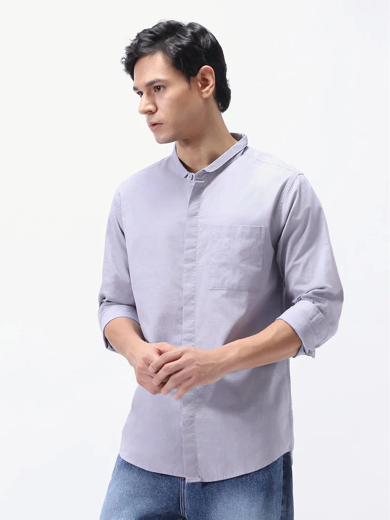 Urbano Fashion Men's Lavender Cotton Full Sleeve Regular Fit Casual Solid Shirt with Band Collar