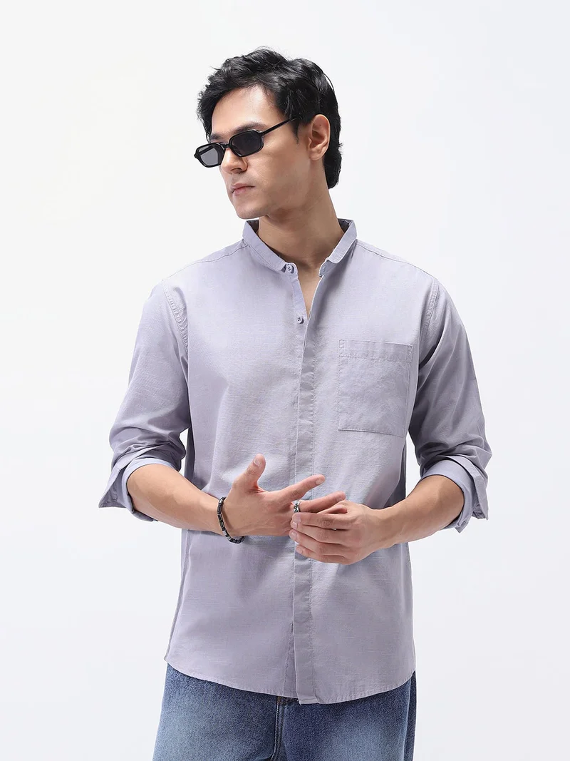 Urbano Fashion  Urbano Fashion Men's Lavender Cotton Full Sleeve Regular Fit Casual Solid Shirt with Band Collar  | Best Price UAE