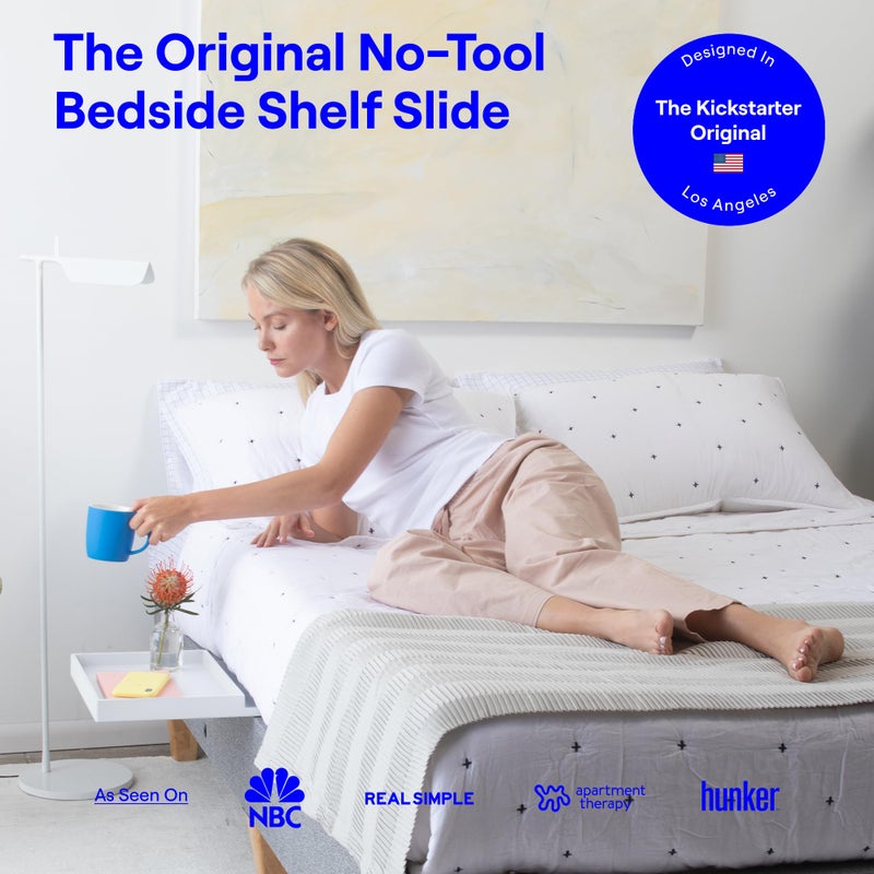 BedShelfie Bedside Shelf for Dorm Room Bunk Bed & Top Bunk, College Dorm Room Essentials, Bedside Caddy, Clip on Floating Desk Tray, Bed Side Table Storage, Loft Nightstand Decor- White Wood Slide - Image 2