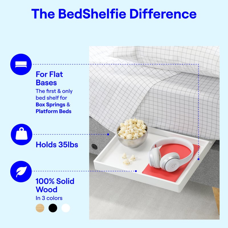 BedShelfie Bedside Shelf for Dorm Room Bunk Bed & Top Bunk, College Dorm Room Essentials, Bedside Caddy, Clip on Floating Desk Tray, Bed Side Table Storage, Loft Nightstand Decor- White Wood Slide - Image 4