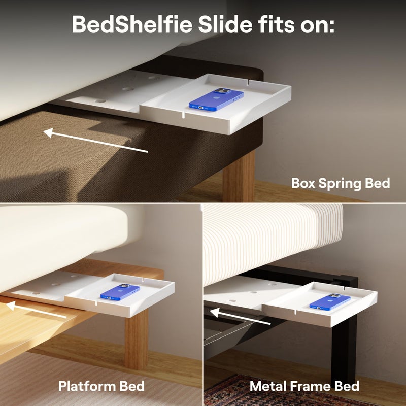 BedShelfie Bedside Shelf for Dorm Room Bunk Bed & Top Bunk, College Dorm Room Essentials, Bedside Caddy, Clip on Floating Desk Tray, Bed Side Table Storage, Loft Nightstand Decor- White Wood Slide - Image 3