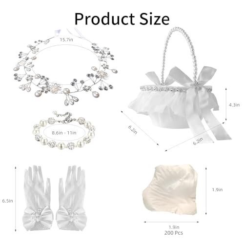 FEXICHUJI 5 Pcs Flower Girl Basket Wedding Set, Flower Girl Jewellery Kit Accessories with Headband Bracelet Gloves Basket and Ivory Petals - Image 2