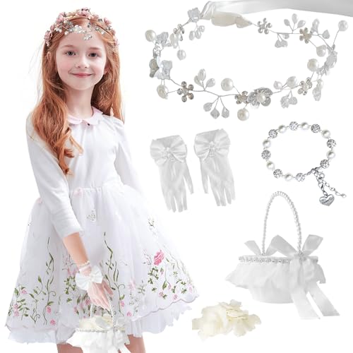 FEXICHUJI 5 Pcs Flower Girl Basket Wedding Set, Flower Girl Jewellery Kit Accessories with Headband Bracelet Gloves Basket and Ivory Petals - Image 4