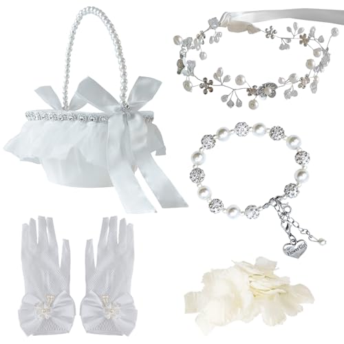 FEXICHUJI 5 Pcs Flower Girl Basket Wedding Set, Flower Girl Jewellery Kit Accessories with Headband Bracelet Gloves Basket and Ivory Petals - Image 1