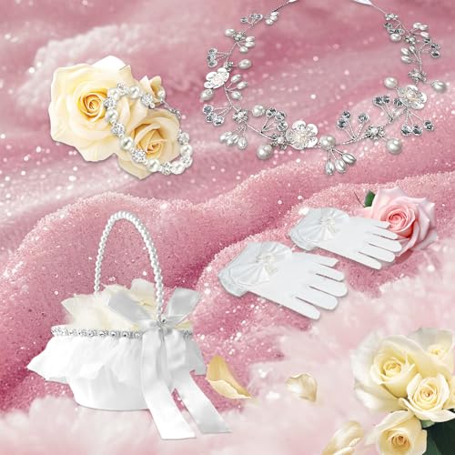 FEXICHUJI 5 Pcs Flower Girl Basket Wedding Set, Flower Girl Jewellery Kit Accessories with Headband Bracelet Gloves Basket and Ivory Petals - Image 3