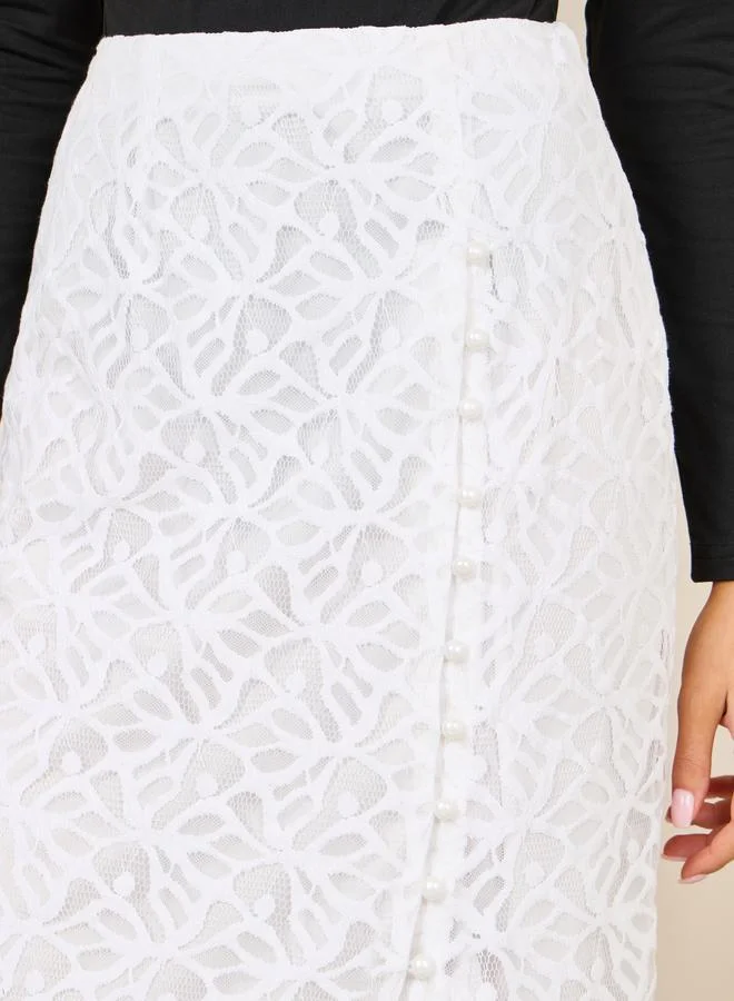 Styli Pearl Detail All Over Lace Pencil Skirt with Front Slit