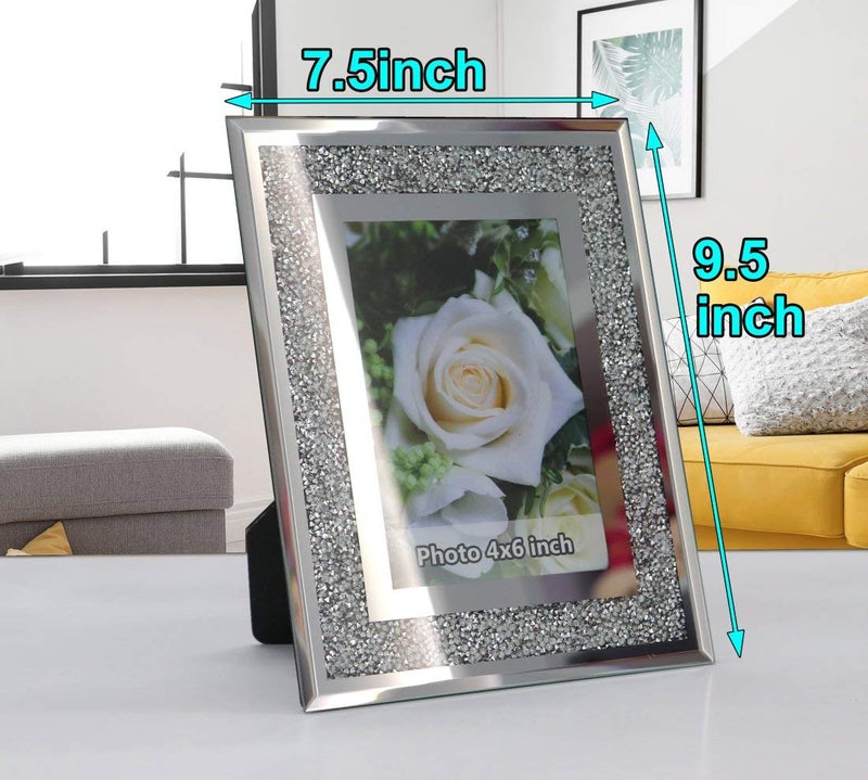Diamond-Encrusted Mirror Frame (Silver Crystal Sparkle Finish) – Fits 4x6 Inch Photos  2PCS - Image 4