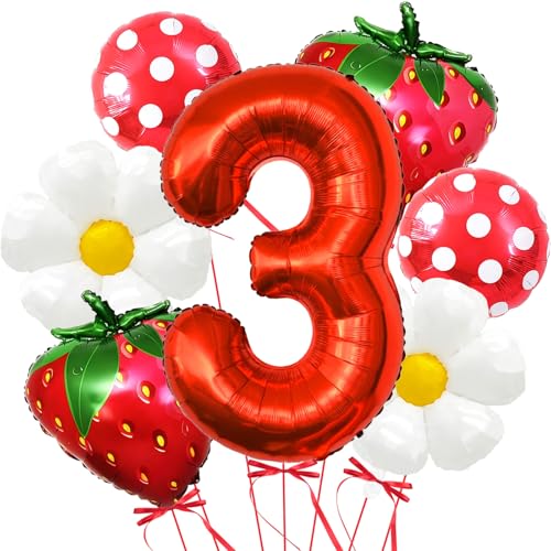 Corabsar Strawberry Balloons Third Birthday Decorations for Girl 40 Inch Mylar Red Number 3 Balloons Strawberry Balloon for Strawberry Party Decorations Strawberry Birthday Decorations - Image 1