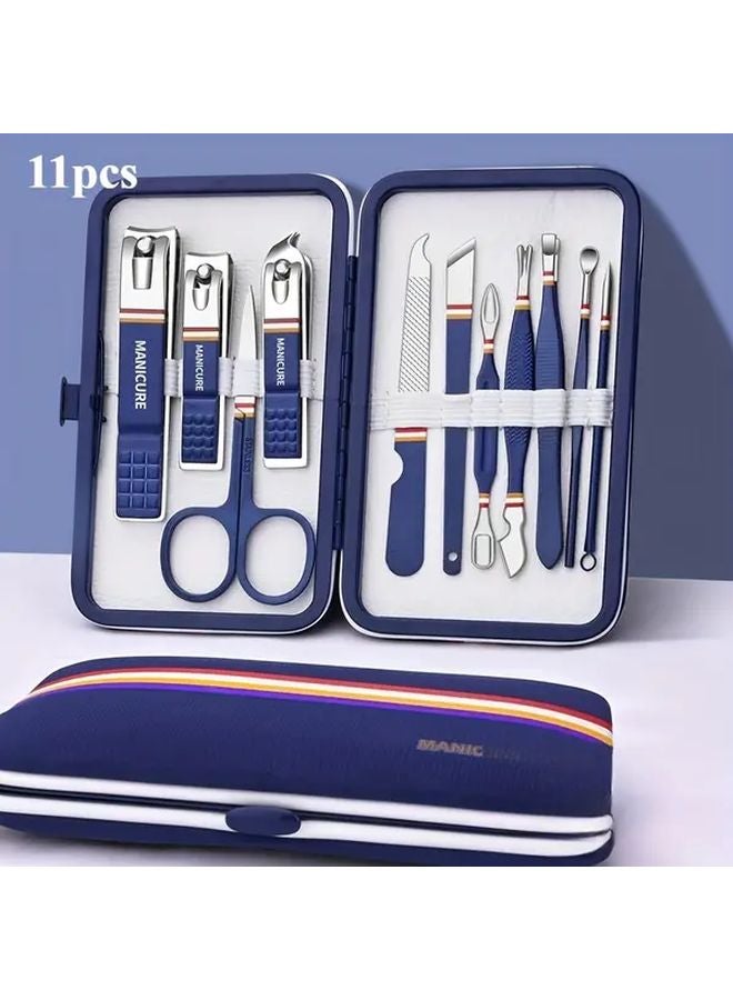11pcs Blue Striped Nail Clipper Set With Portable Storage Bag Foot Care Tool - Image 1