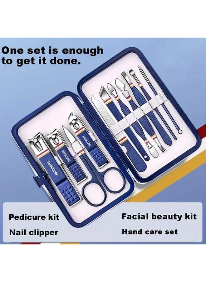 11pcs Blue Striped Nail Clipper Set With Portable Storage Bag Foot Care Tool - Image 2