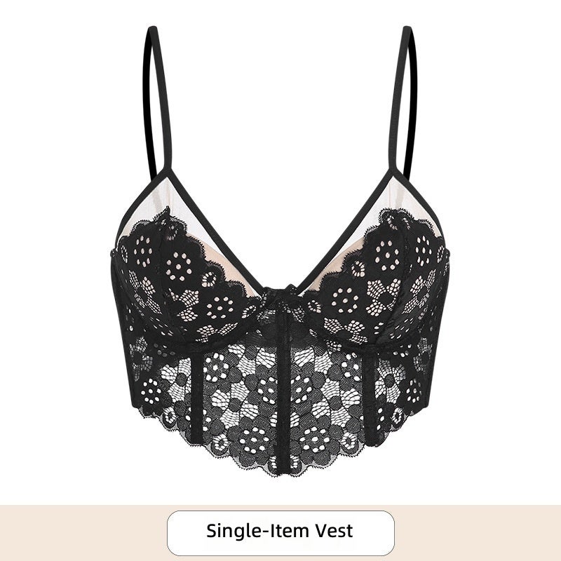 Elegant Underwear Women's Gathering Lace Small Cup Bra with Steel Ring, Lightweight Summer Breathable Bra Set